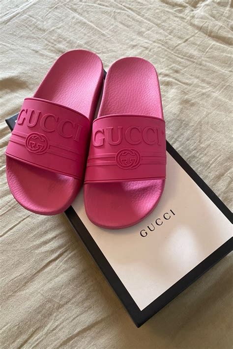 gucci pink plastic heels|hot pink Gucci slides.